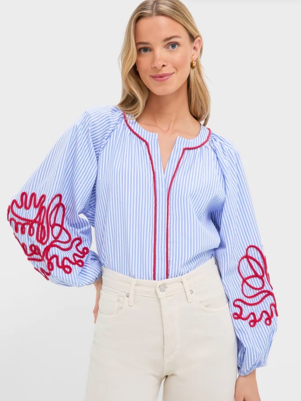 NWT Hyacinth House Tuckernuck Blouse Blue Stripe Red Embroidery Size Large